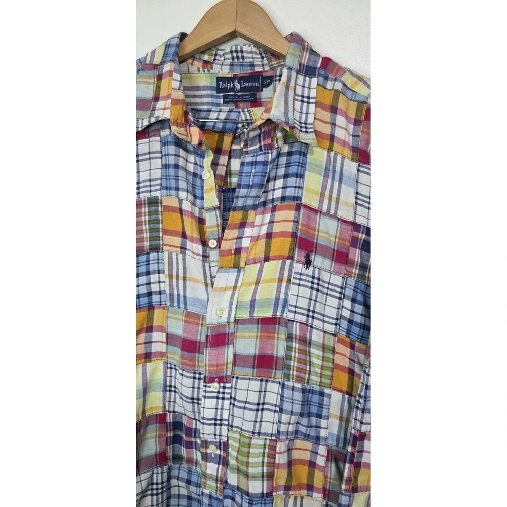 Vintage Polo Ralph Lauren Men's XXL Patchwork‎ Shirt Madras Y2K Casual Vacay EUC